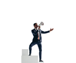 Obraz premium Young businessman celebrating his success with a megaphone on a transparent background