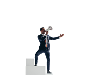 Young businessman celebrating his success with a megaphone on a transparent background