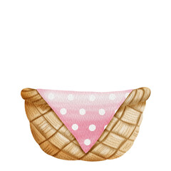 Watercolor brown basket and pink fabric.	
