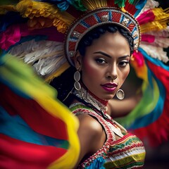 Portrait of beautiful Colombian woman wearing colorful headdress and skirt created with Generative AI technology. Colombian carnaval 