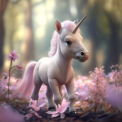 Obraz na płótnie Canvas Cute unicorn with pink mane and tail stands in a field of pink flowers created with Generative AI technology