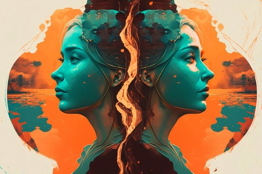 Abstract portrait of beautiful twins in orange and teal colors Women portrait with double exposition created with Generative AI technology