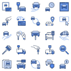 Car Rental concept colored icons set. Car Hire Agency blue vector symbols