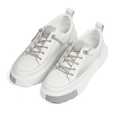 White Leather Women's Casual Comfortable Fashionable Sneakers with Lacing on Thick Rubber Sole Photo on White Background for Online Shopping Catalog