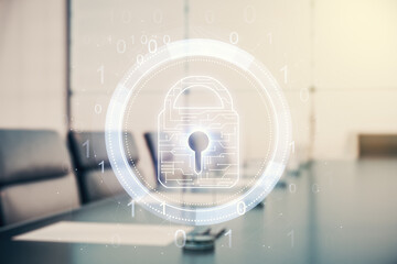 Virtual creative lock illustration with microcircuit on a modern coworking room background, cyber security concept. Multiexposure