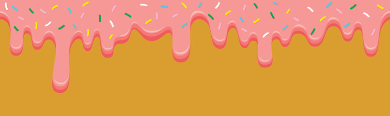 Seamless pattern border with sweet melting chocolate with colorful sprinkles. Vector illustration