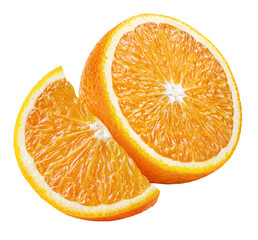 Ripe orange citrus fruit isolated on transparent background. Half orange and slice. Full depth of field.