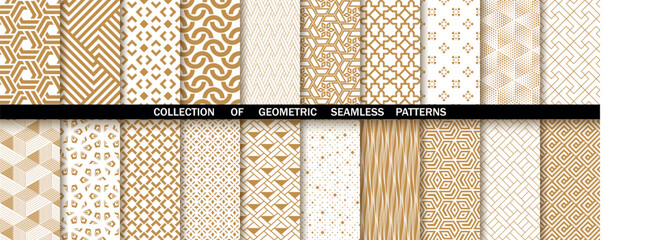 Geometric set of seamless gold and white patterns. Simpless vector graphics