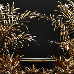 tropical black gold podium or black gold dais stage and nature leaves. black gold podium stand product scene nature jungle background. 3d podium stage render jungle tropical style