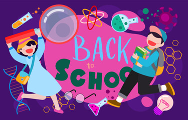 Welcome Back to school with funny school characters flat vector illustration.