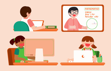 Welcome Back to school with funny school characters flat vector illustration.