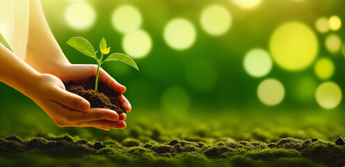Fototapeta Climate and nature: two hands hold a small plant above ground. The background is light green. Ideal for text as banner, header or wallpaper. Copy text and blank space. obraz