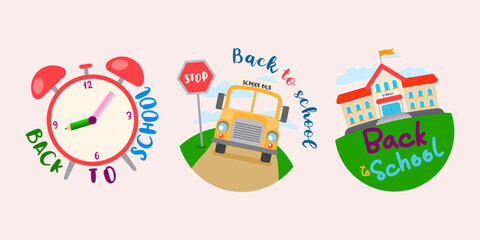 Welcome Back to school with funny school characters flat vector illustration.