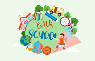 Welcome Back to school with funny school characters flat vector illustration.