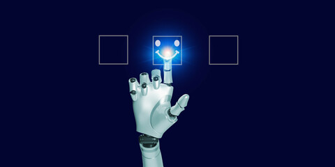 AI artiical intelligence hand touching smile icon glowing eauty blue light  in square  shape