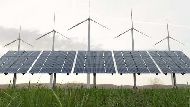 solar panels, windmill, in nature generate electricity from air and sun, renewable alternative energy sources, eco. future, latest technologies construction of new stations