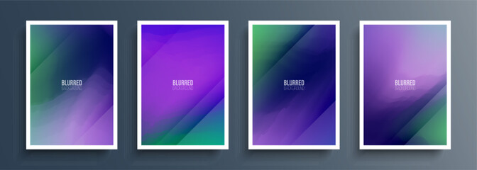 Set of abstract backgrounds with soft color gradient and dynamic lines for your graphic design. Purple and Green. Brochure covers. Vector illustration.