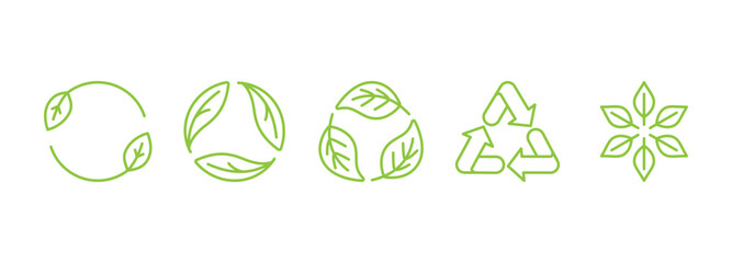 Vector simple line icons and illustration, eco, bio and organic packaging badges, ecological, environment friendly and sustainable development, fresh natural ingredients cosmetics and products
