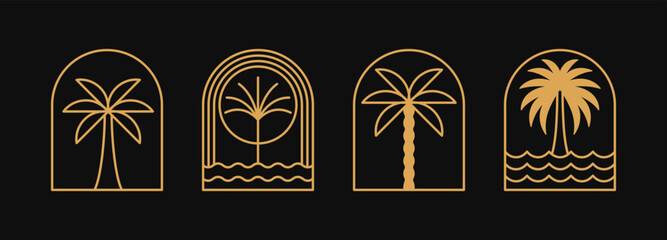 Vector logo design template with palm tree - abstract summer and vacation badge and emblem for holiday rentals, travel services, tropical spa and beauty studios - obrazy, fototapety, plakaty