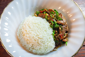 Stir Fried Basil with Beef on Rice.