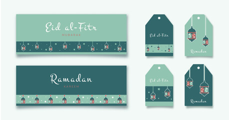 Ramadan Kareem. Set of Islamic greeting card and gift tags with arabic lantern. Vector holiday illustration in green colors for your holliday design.