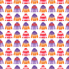 Watercolor seamless pattern with winter sweaters, hats and mittens. Christmas clothing
