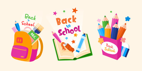 Welcome Back to school with funny school characters flat vector illustration.