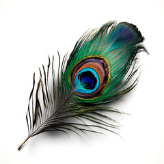 Obraz premium Single peacock feather closeup on white backgrounds. Generative artifical intelligence, 
