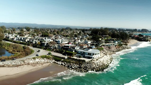 Drone view of waterfront homes in Santa Cruz, CA