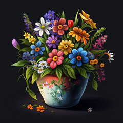 Illustration of colorful spring flower in a pot. Decorative plants concept. Generative AI.