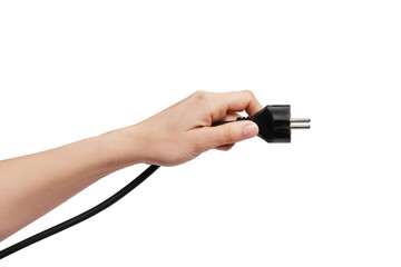 hand holding electric plug shuko isolated on white background