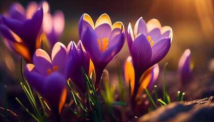 Field of Crocuses Macro Shot Background, created by Generative AI
