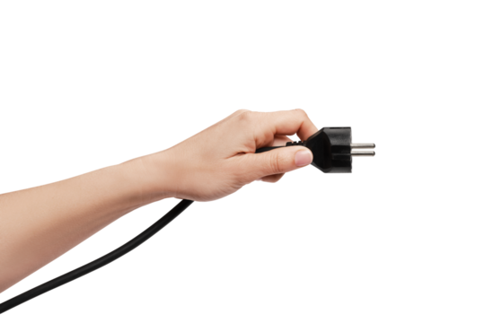hand holding electric plug shuko isolated on white background