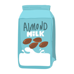 Isolated almond milk in paper package with liquid splash and nuts, natural drink branding on carton container with lid, advertising of vegan liquid for nutrition. Dairy packaging and advertising