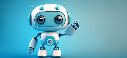 cute android robot pointing fingers at copy space on light blue background. Generative AI - obrazy, fototapety, plakaty