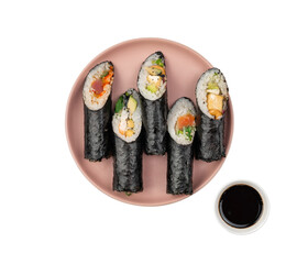 Top view of plate with sushi burrito rolls, sandwich temaki with tuna, mango and cucumber wrapped in nori and bowl of sauce on white background.