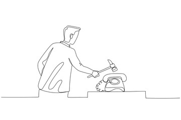 Illustration of businessman with hammer smashing telephone. Concept of furious. Single line art style