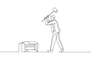 Cartoon of businessman holding sledge hammer ready to smash printer. Concept of angry. One continuous line art style