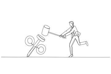 Drawing of businessman using hammer smash the percentage sign to the floor. Concept of interest rate. Single continuous line art style