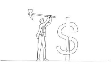 Cartoon of businessman with hammer hit dollar sign USD sign. Concept of money market. One line style art
