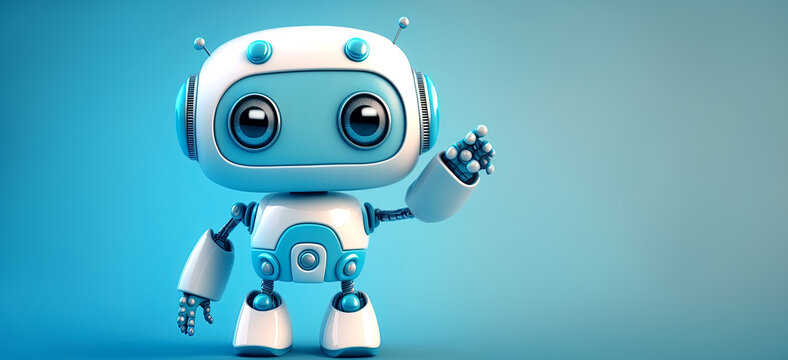 cute android robot pointing fingers at copy space on light blue background. Generative AI