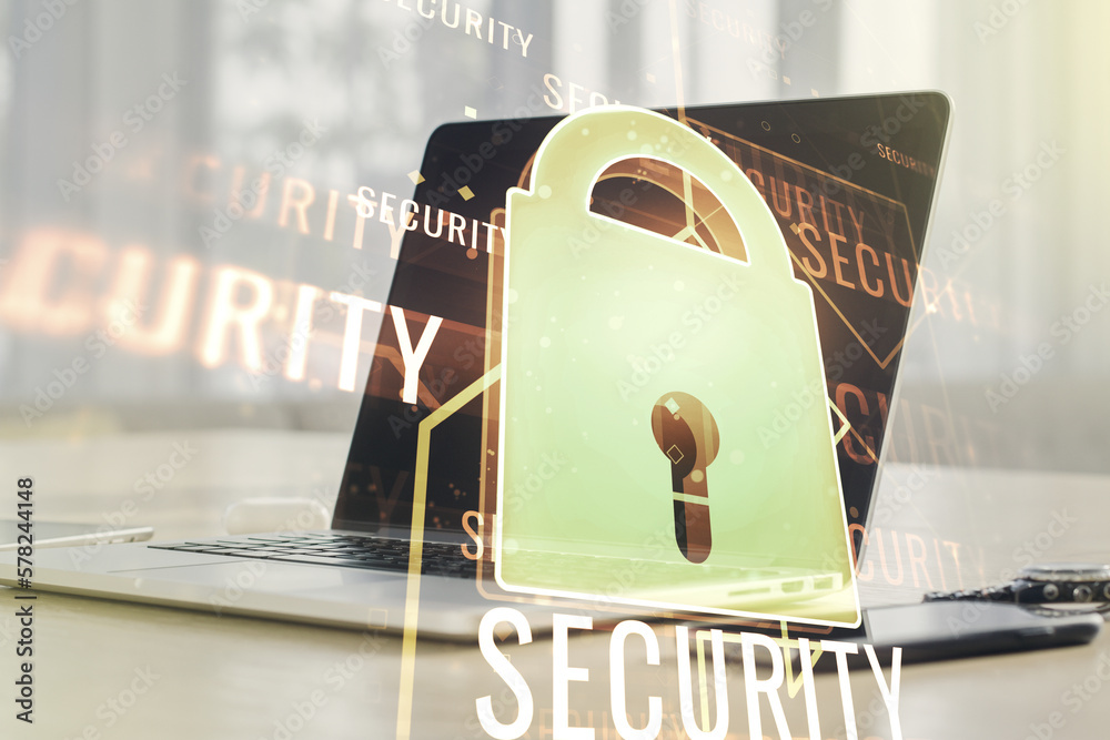 Poster double exposure of creative lock hologram with chip on laptop background. information security conce