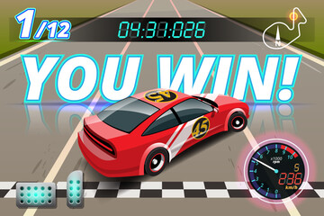 Winner in speed car racing goal in checkered board and first sport checkered flag
