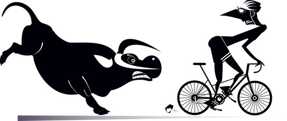 Angry bull and cyclist man. 
Frightened cyclist man escapes from the angry bull. Black and white illustration
