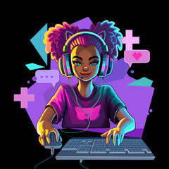 African girl gamer or streamer with cat ears headset sits in front of a computer - 578246103