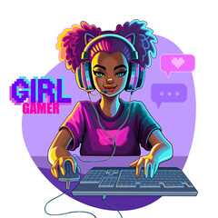 African girl gamer or streamer with cat ears headset sits in front of a computer