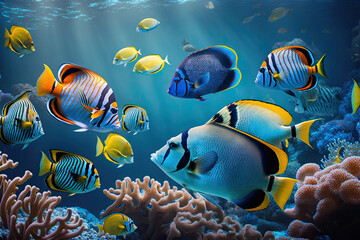 Obraz na płótnie Canvas tropical fishes in coral reef, generative AI