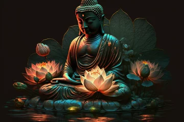  glowing Lotus flowers and gold buddha statue, generative AI © Kien