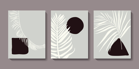 Set of line art palm leaf vector illustrations. Minimalist botanical wall art. Abstract tropical foliage with geometric shapes. Modern design for wallpaper, home decor, poster, card