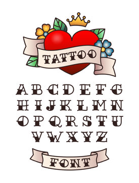Old school tattoo font. American traditional lettering, hand drawn sailor tattoos style letters vector set